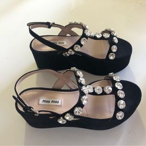 Miu Miu Suede Black Crystal Mule Platform Heel BNWT EU36
